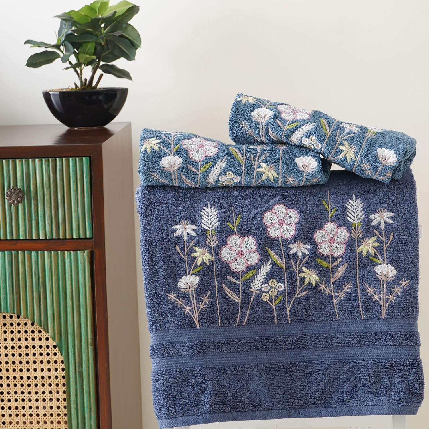 Prayasa Bath & Hand Towel 900 Gsm - Blue Serenity Collection (Set Of 3)