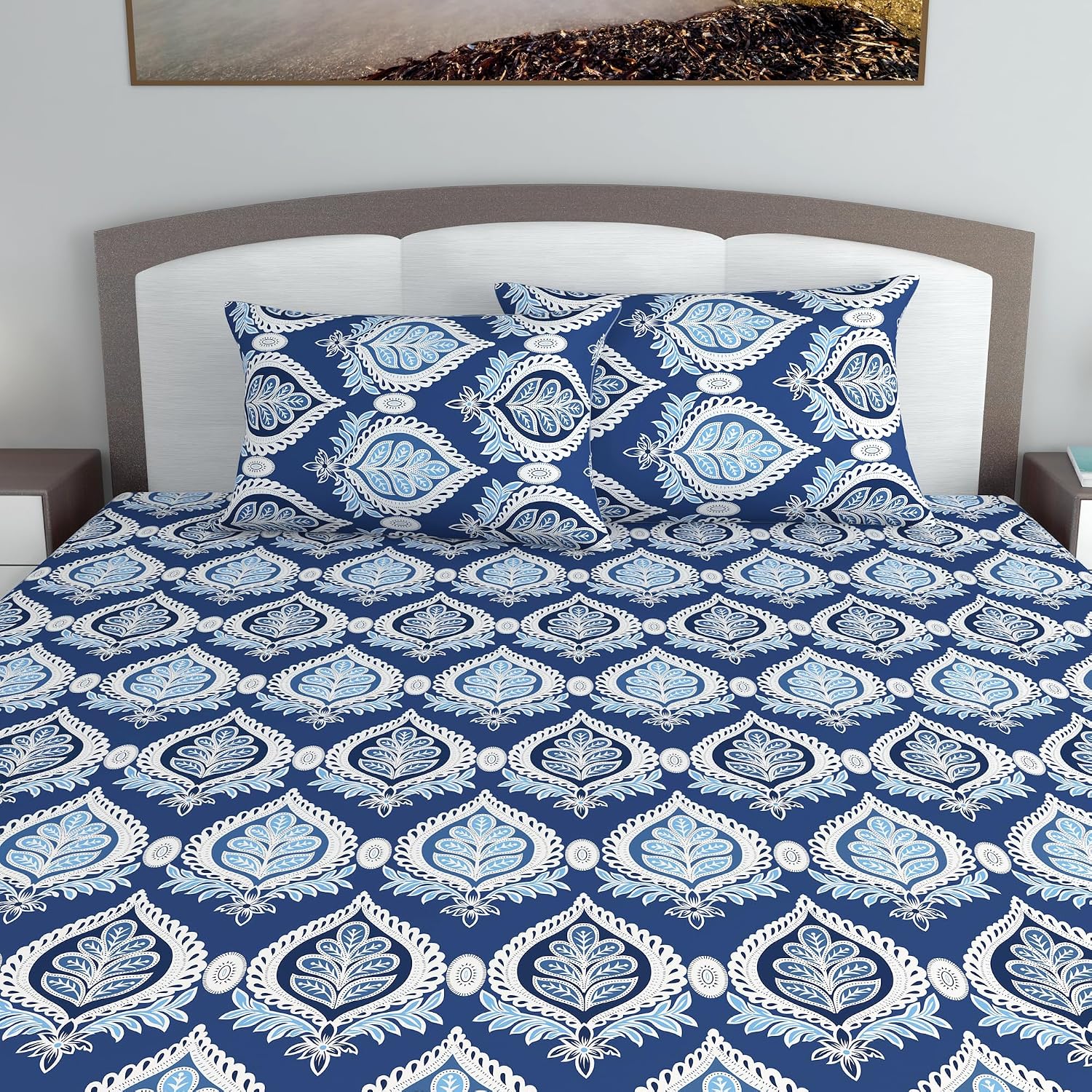 King Size Double Bedsheet With 2 Pillow Covers - 108 X 108 Inches, Blue & White | Soft & Durable For Everyday Use - All Season Comfort