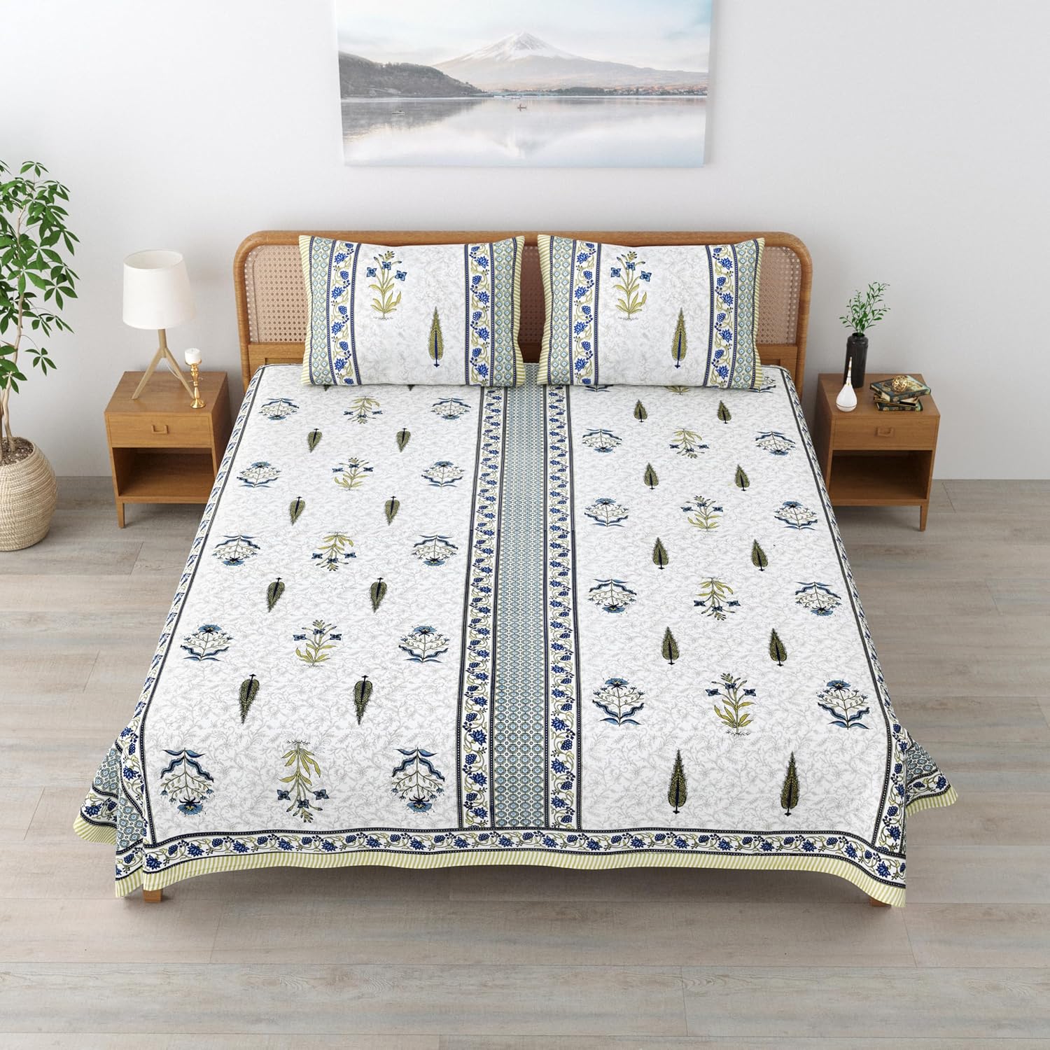 Traditional Rajasthani Cotton Bedsheet For King Size With 2 Matching Pillow Cover | 90 X 108 Inches, Green & White | Soft & Comfortable Fabric