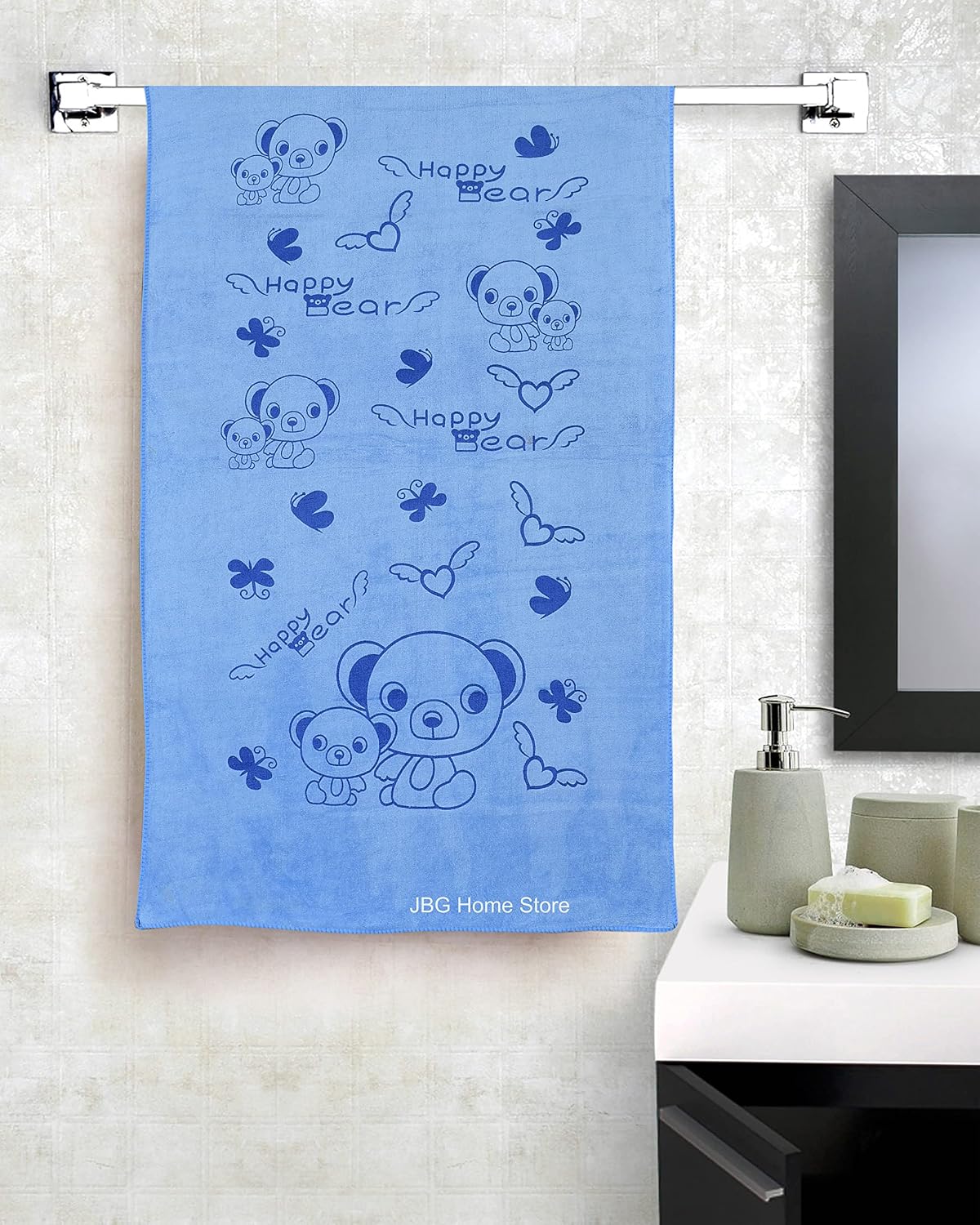 Jbg Home Store Kids Bath Towel 250 Gsm | Premium Microfiber Quick Drying Towels For Babies, Cartoon Print Wash Dry Cloth Towel (Blue Bear) - 1 Pcs