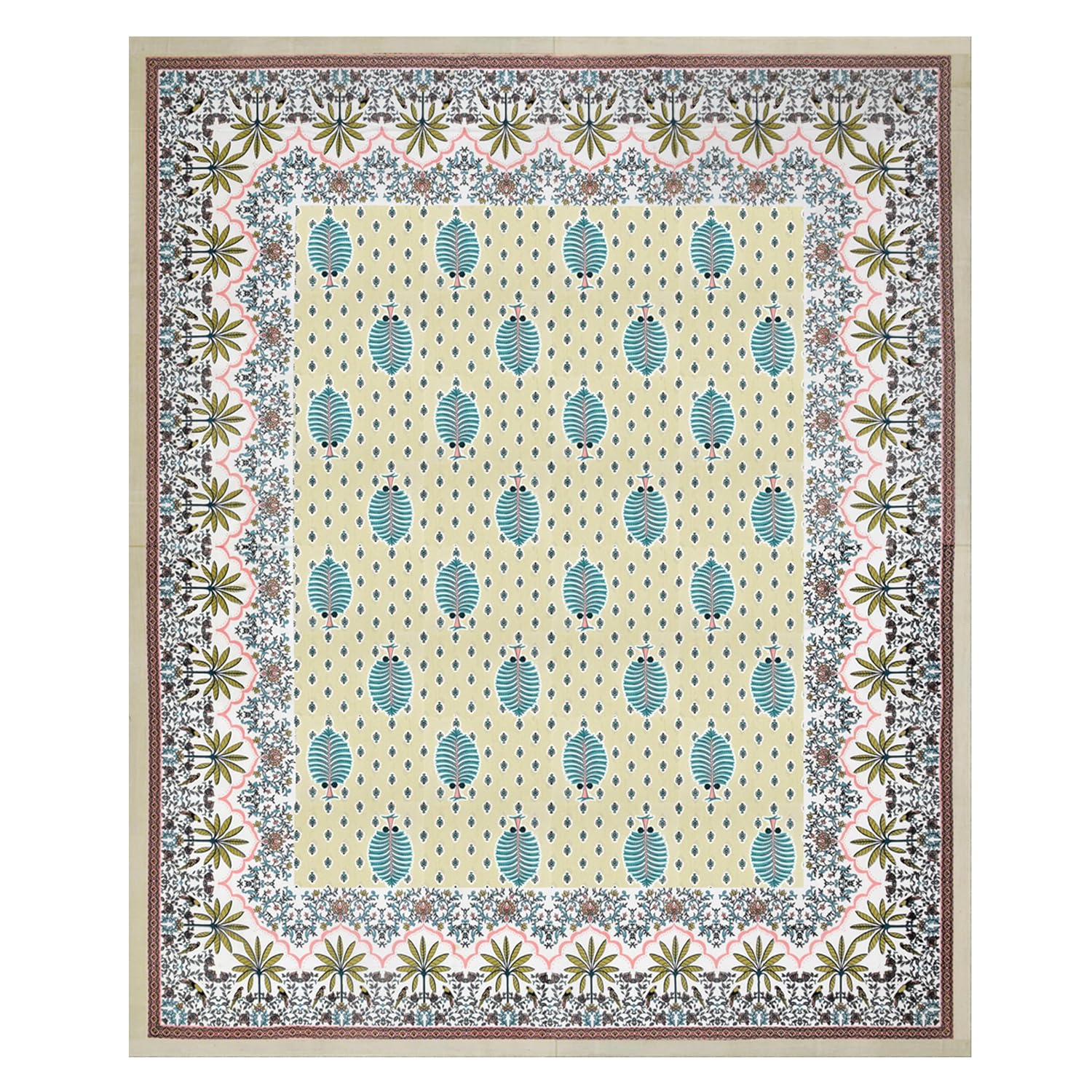 Traditional Rajasthani Cotton Bedsheet For King Size With 2 Matching Pillow Cover | 90 X 108 Inches, Beige & Green | Soft & Comfortable Fabric