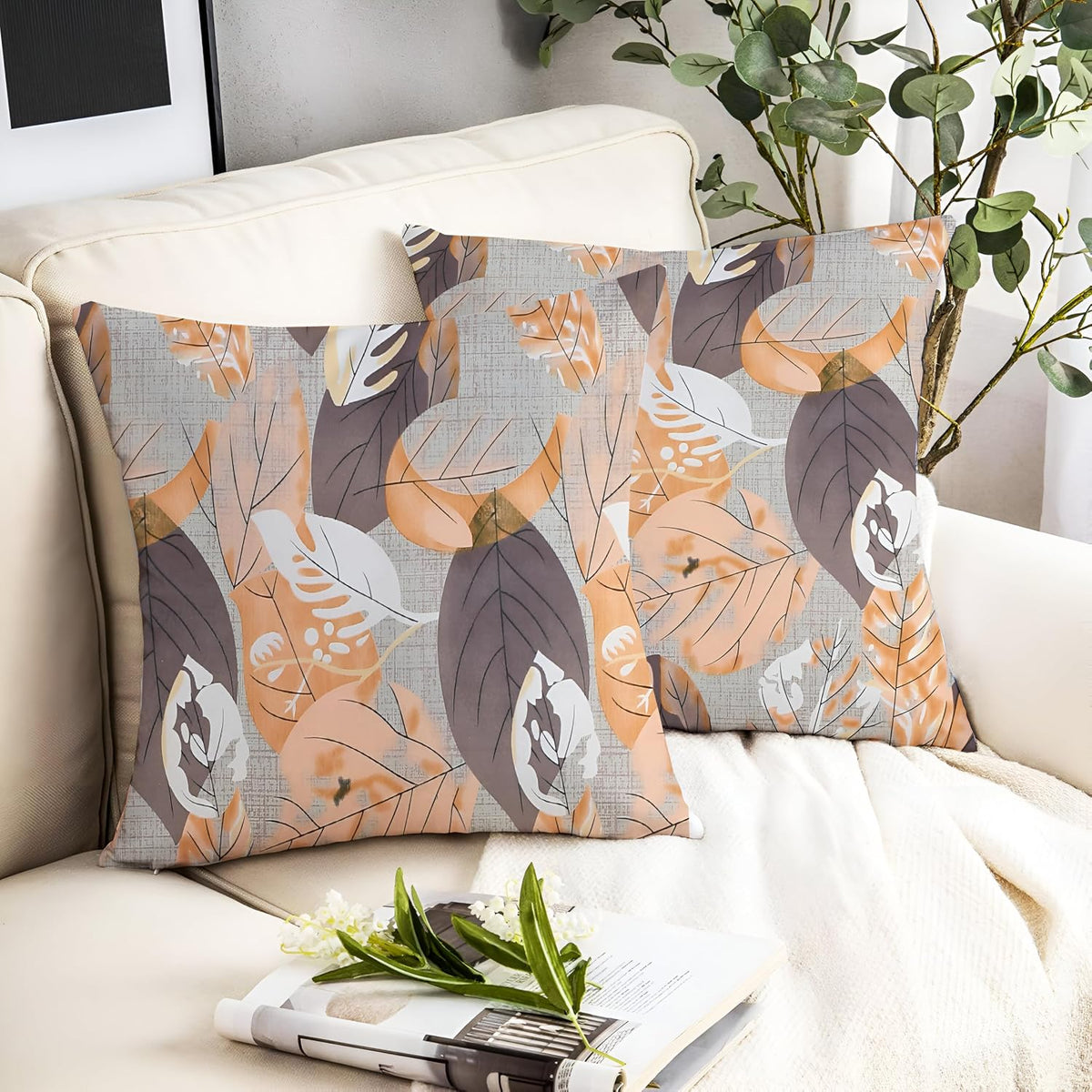 Microfiber Square Pillow Cushion For Sofa & Bed, Grey Color - 16 X 16 Inch | Printed - Brown Leaf, Soft, Comfortable Pillow, Back, Neck Support | Breathable, Removable Cover - Set Of 2