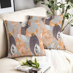 Microfiber Square Pillow Cushion For Sofa & Bed, Grey Color - 16 X 16 Inch | Printed - Brown Leaf, Soft, Comfortable Pillow, Back, Neck Support | Breathable, Removable Cover - Set Of 2