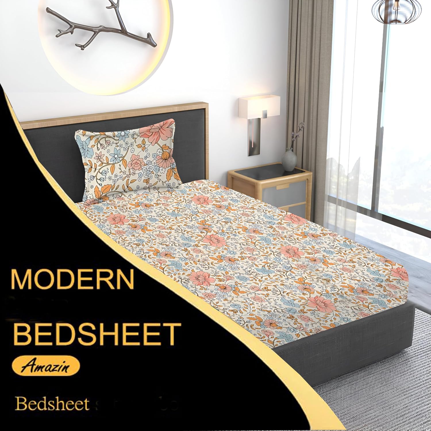 Floral Printed Single Bedsheet Size With 1 Pillow Cover - 60 X 90 Inches, Multicolor | Cotton Wrinkle Free Soft, Breathable | Durable & Long-Lasting