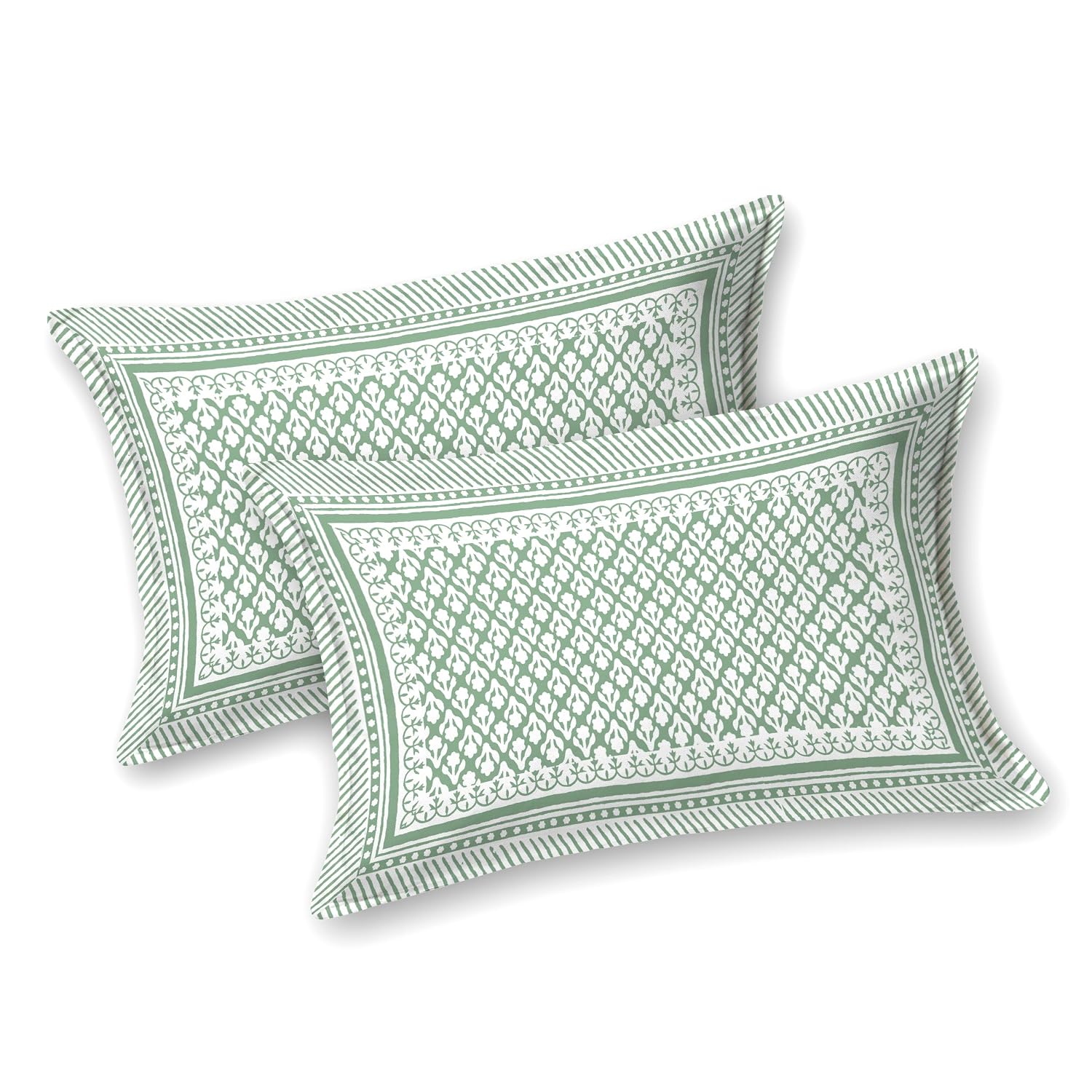 Traditional Hand Block Printed Cotton King Size Bedsheet With 2 Pillow Covers, 104 X 104 Inches, Light Green | 200 Thread Count-Vibrant Bedding For Stylish Bedrooms