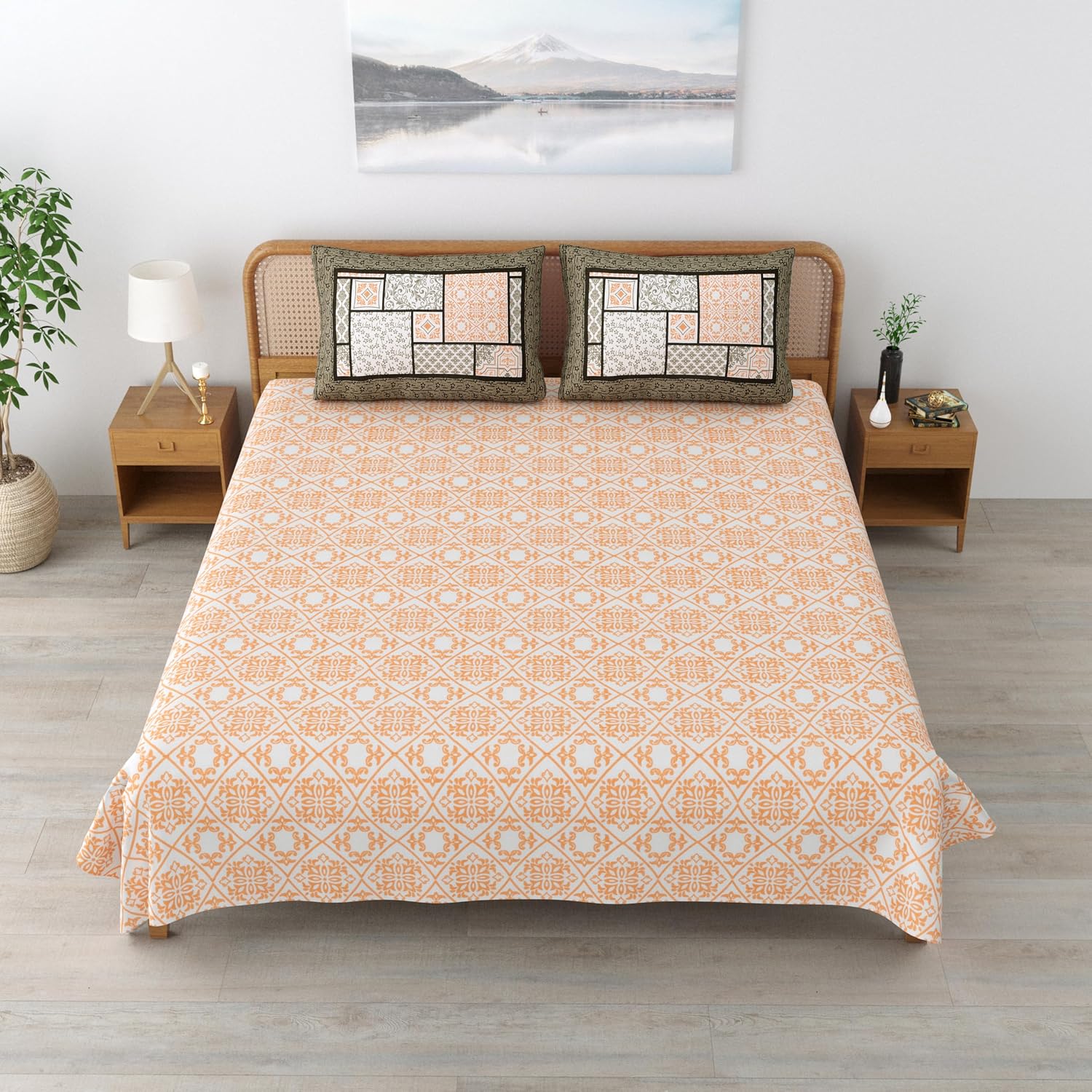 Sanskriti Bedsheet For Double Bed King Size With 2 Pillow Cover - 90 X 108 Inches, Dusky Peach & White | Soft, Durable & Stylish | Breathable & Skin-Friendly