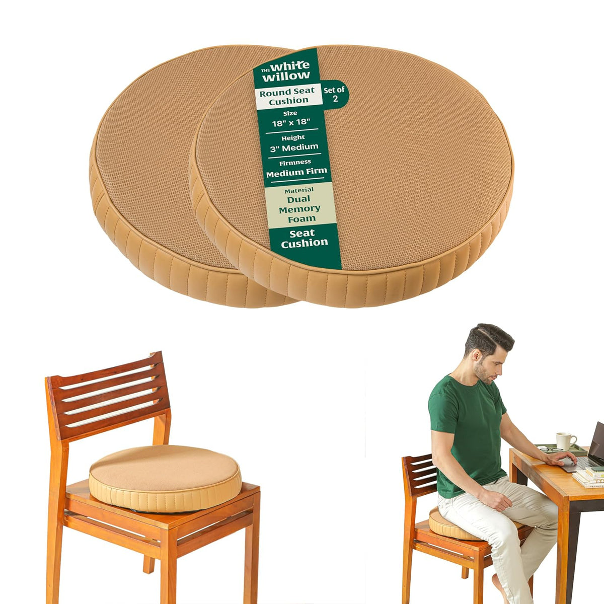 Round Chair Cushion Pad, Memory Foam Pillow, Seat Cushion, King Size - 18 Inch | High-Resilience Pillow, Hip Support & Back Pain Relief | Sitting Pillow, Office Chair Cushion - Set Of 2