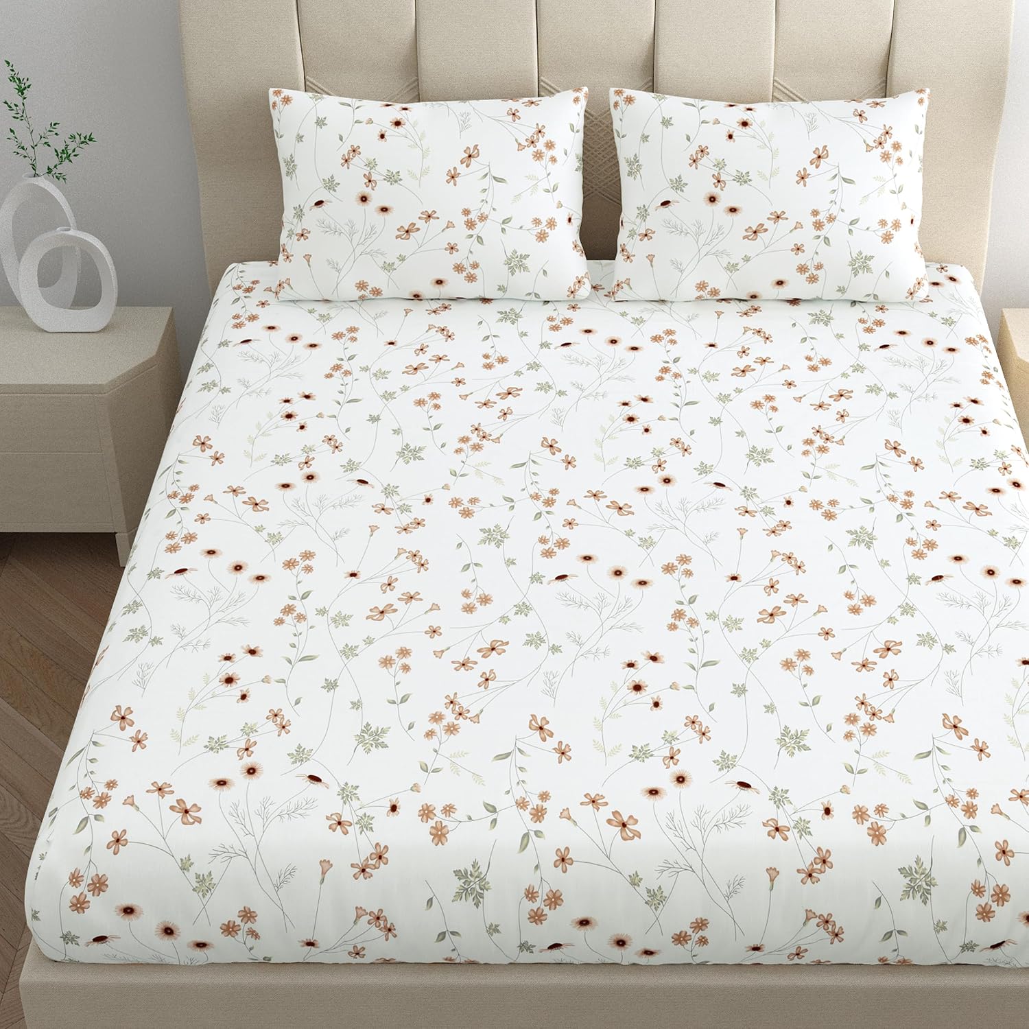 Printed All Around Elastic Bedsheet With 2 Pillow Covers - 72 X 78 Inches, White & Crimson | Wrinkles For A Polished Look