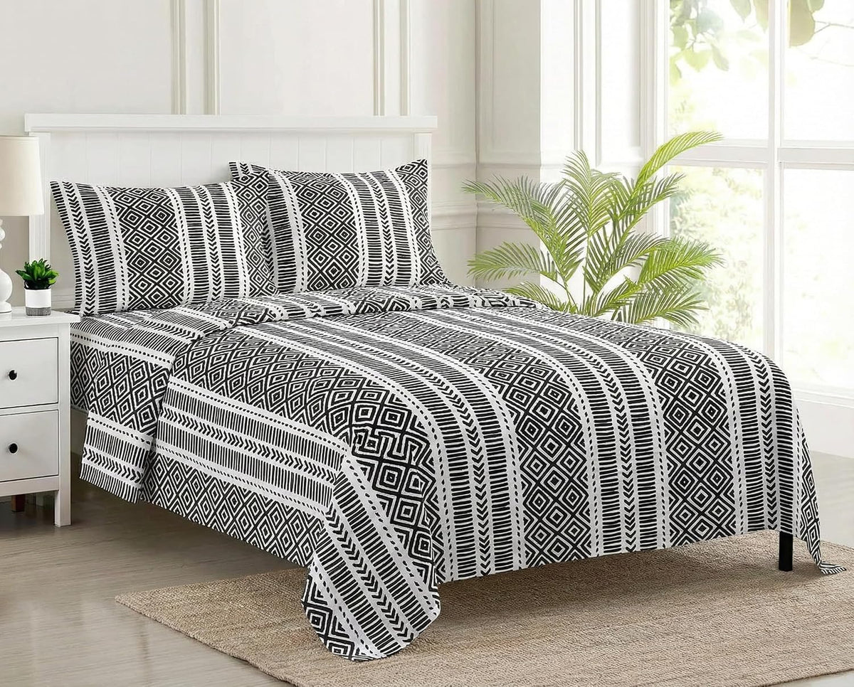 Premium 100% Cotton Queen Size Bedsheet With 2 Pillow Covers - 86 X 104 Inches, White & Black | 180 Thread Count Ultra Soft | Ideal For House, Guest Home, Hotel