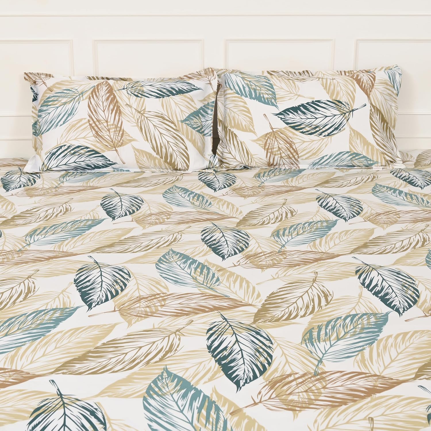 Super King Pure Cotton Bedsheet With 2 Pillow Covers | 108 × 108 Inches, Beige & Green | Soft Breathable Floral Design Bedding | Comfortable Sleep All Year