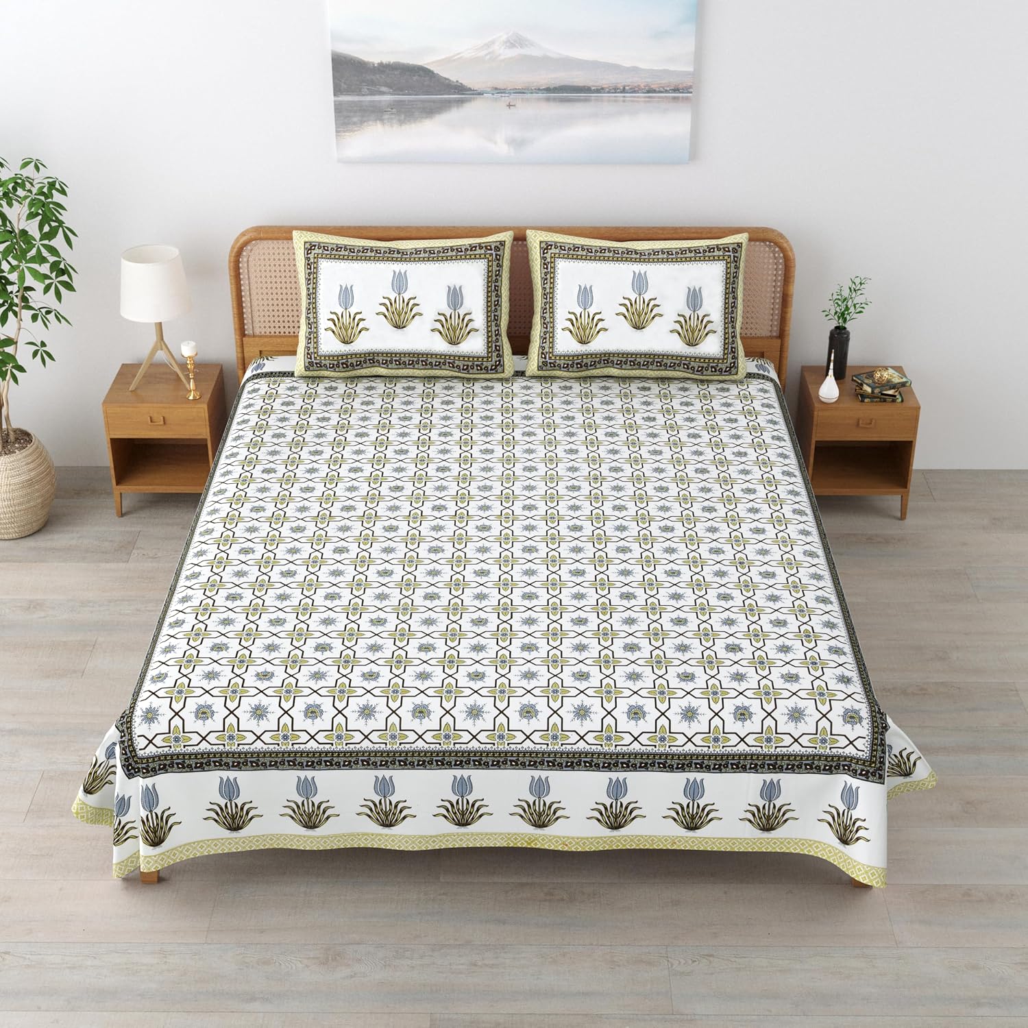 Traditional Rajasthani Cotton Bedsheet For King Size With 2 Matching Pillow Cover | 90 X 108 Inches, Sap Green & White | Soft & Comfortable Fabric