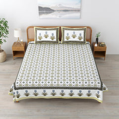 Traditional Rajasthani Cotton Bedsheet For King Size With 2 Matching Pillow Cover | 90 X 108 Inches, Sap Green & White | Soft & Comfortable Fabric