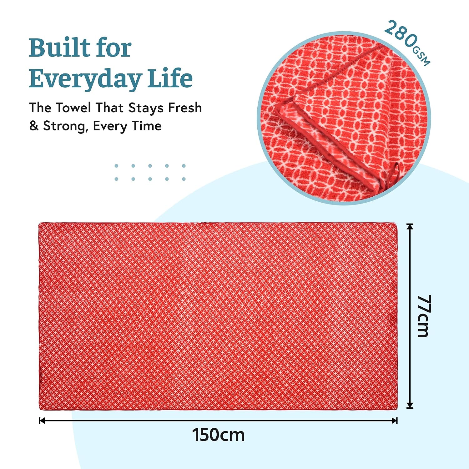 Kuber Industries Microfiber Bath Towel 2100 Gsm | Large Size Soft Quick Dry & Absorbent Shower Bath Towel (Circle - Red)- Pack Of 6