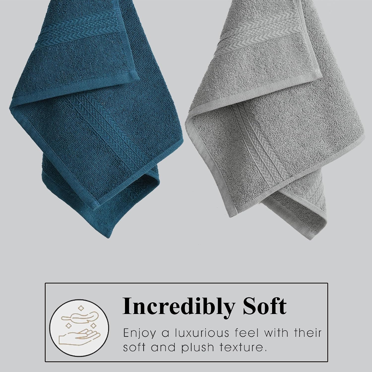 Fresh From Loom Luxury Fur Collection Hand Towel 500 Gsm Napkins Cotton High Absorbency Double Stitched Size (Denim & Light Grey) - Set Of 4