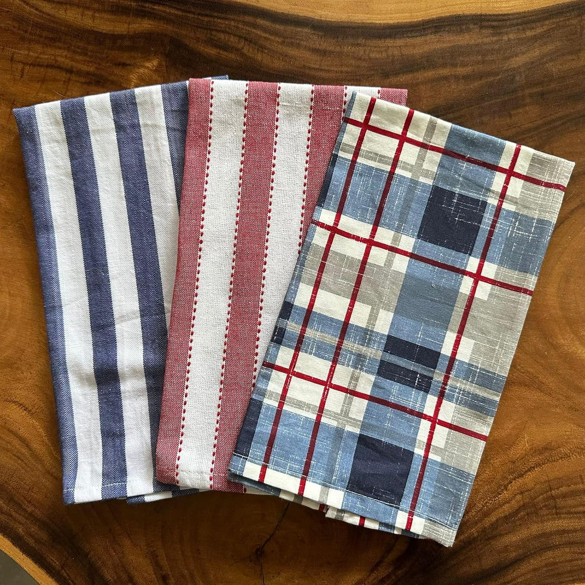 Oak & Lily 100% Cotton Kitchen Napkins Dish Towels 350 Gsm | Premium European Quality Washable, Large Size Kitchen Cloth For Roti, Cleaning, Drying | Blue & Red Check Print (Set Of 3)