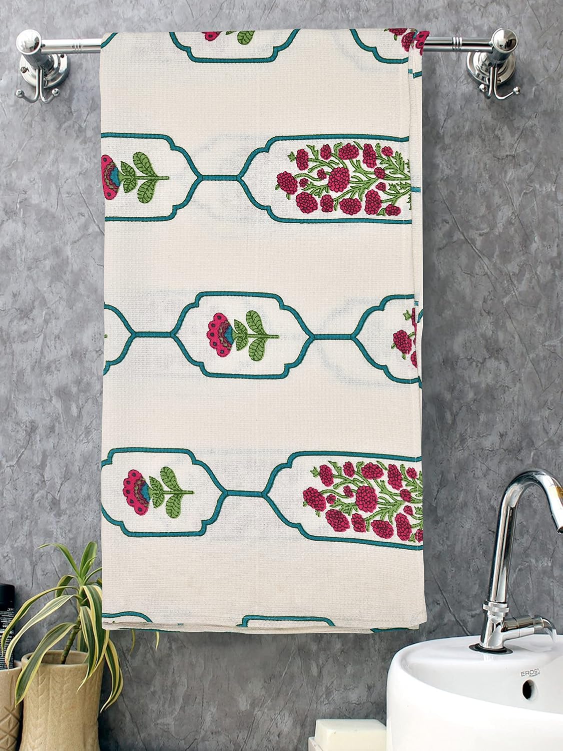 Mafatlal 100% Cotton Waffle Towel Large Size 200 Gsm | Light Weight, Quick Dry, Hand Printed, Floral Designs & Craft, Super Absorbent Towel (Madhuban Collection)