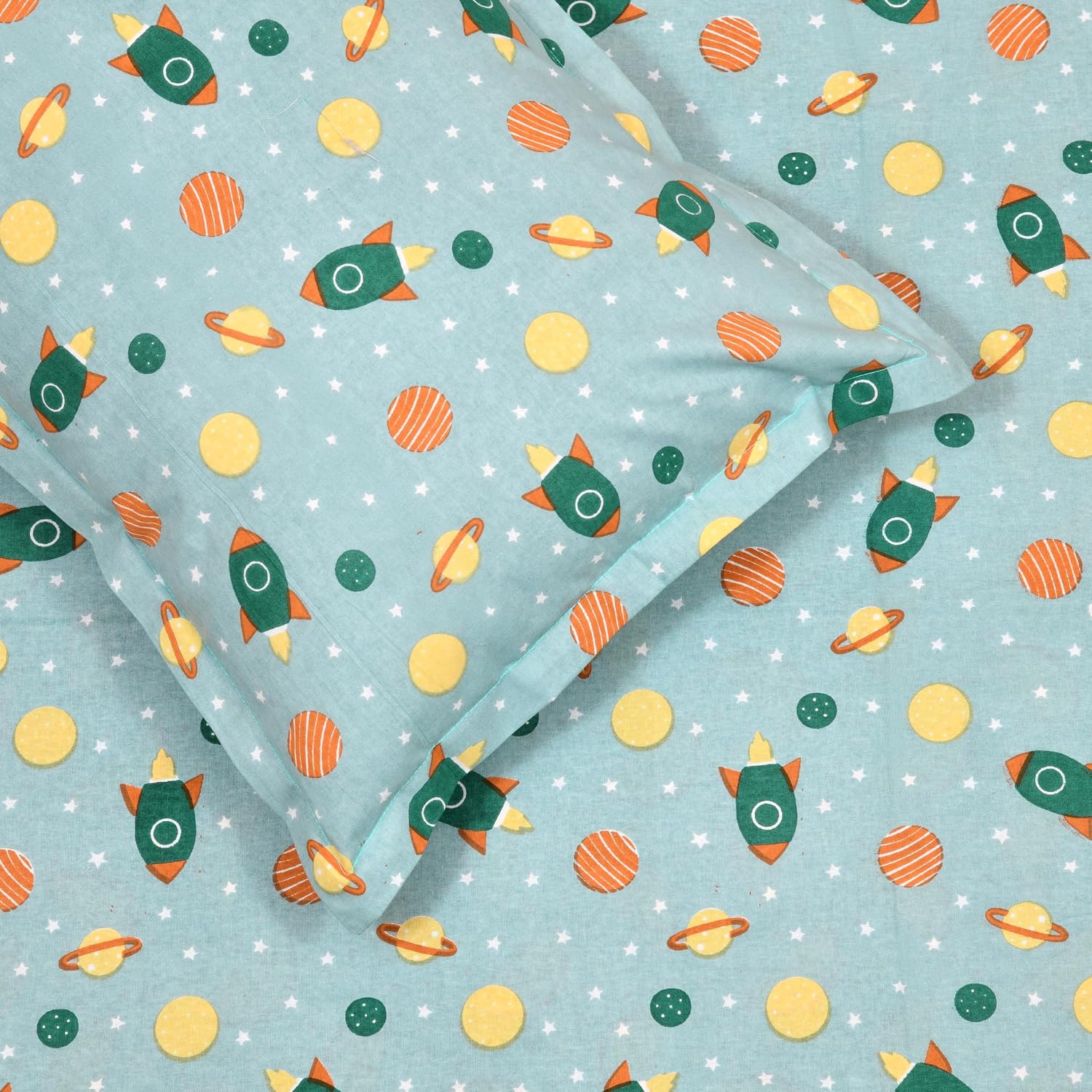 Pure Cotton Kids Bedsheet Double Bed Queen Size With 2 Pillow Covers | 90 X 100 Inches, Aruba Blue | Fun Cartoon Theme, Soft & Breathable Fabric