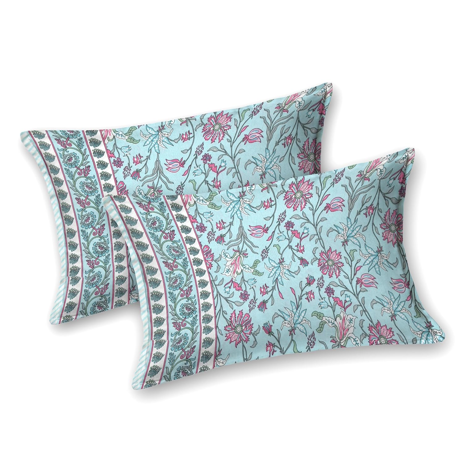 Hand Printed Double Bedsheet For King Size With 2 Pillow Covers | 90 X 108 Inches, Aqua & Pink | Ultra-Soft & Skin-Safe | Breathable Summer Comfort