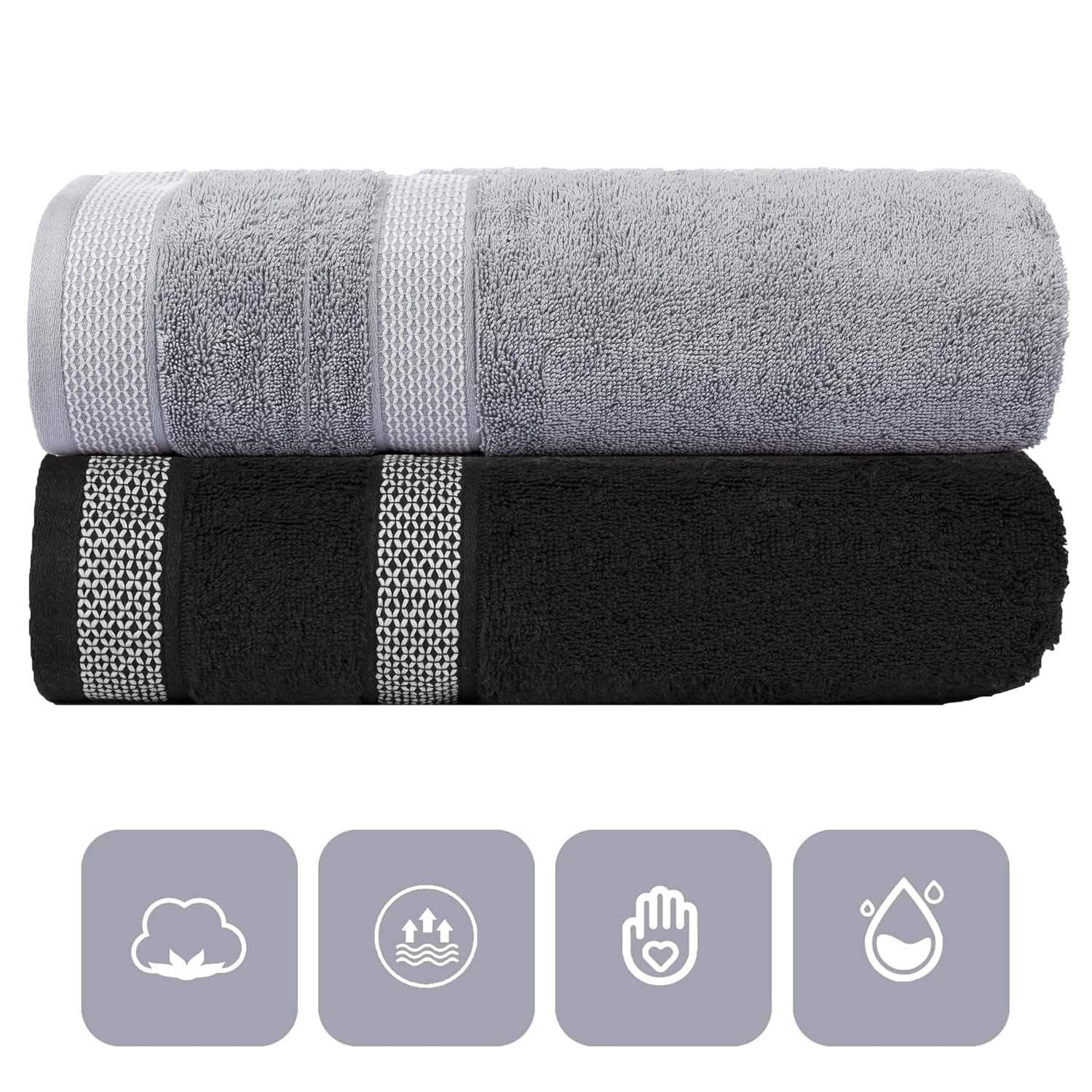 Casa Copenhagen Designed In Denmark Solitaire Super Soft 2 Pieces 100% Cotton Large Bath Towel 525 Gsm - Black & Feather Grey
