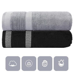Casa Copenhagen Designed In Denmark Solitaire Super Soft 2 Pieces 100% Cotton Large Bath Towel 525 Gsm - Black & Feather Grey