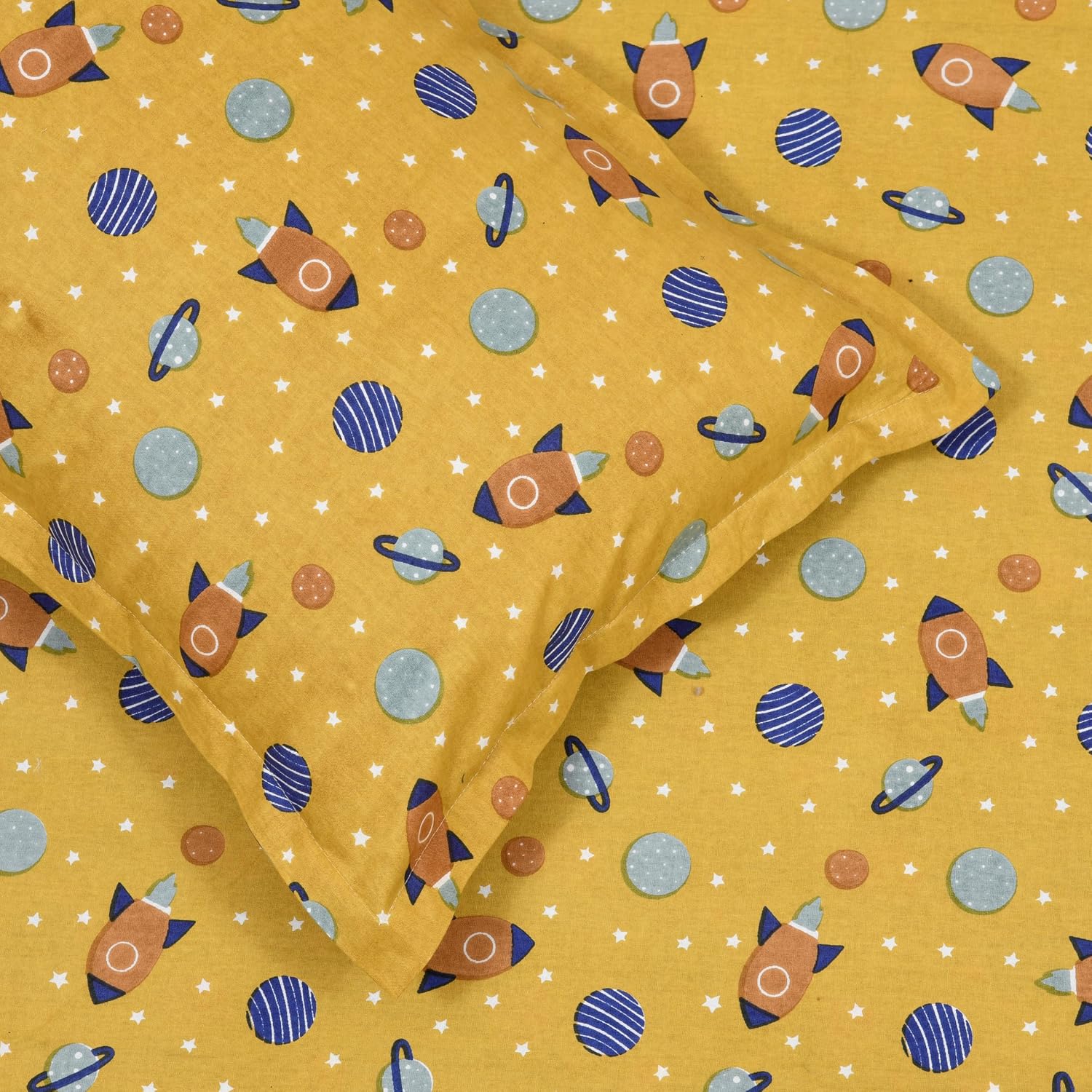 Pure Cotton Kids Bedsheet Double Bed Queen Size With 2 Pillow Covers | 90 X 100 Inches, Yellow & Blue | Fun Cartoon Theme, Soft & Breathable Fabric