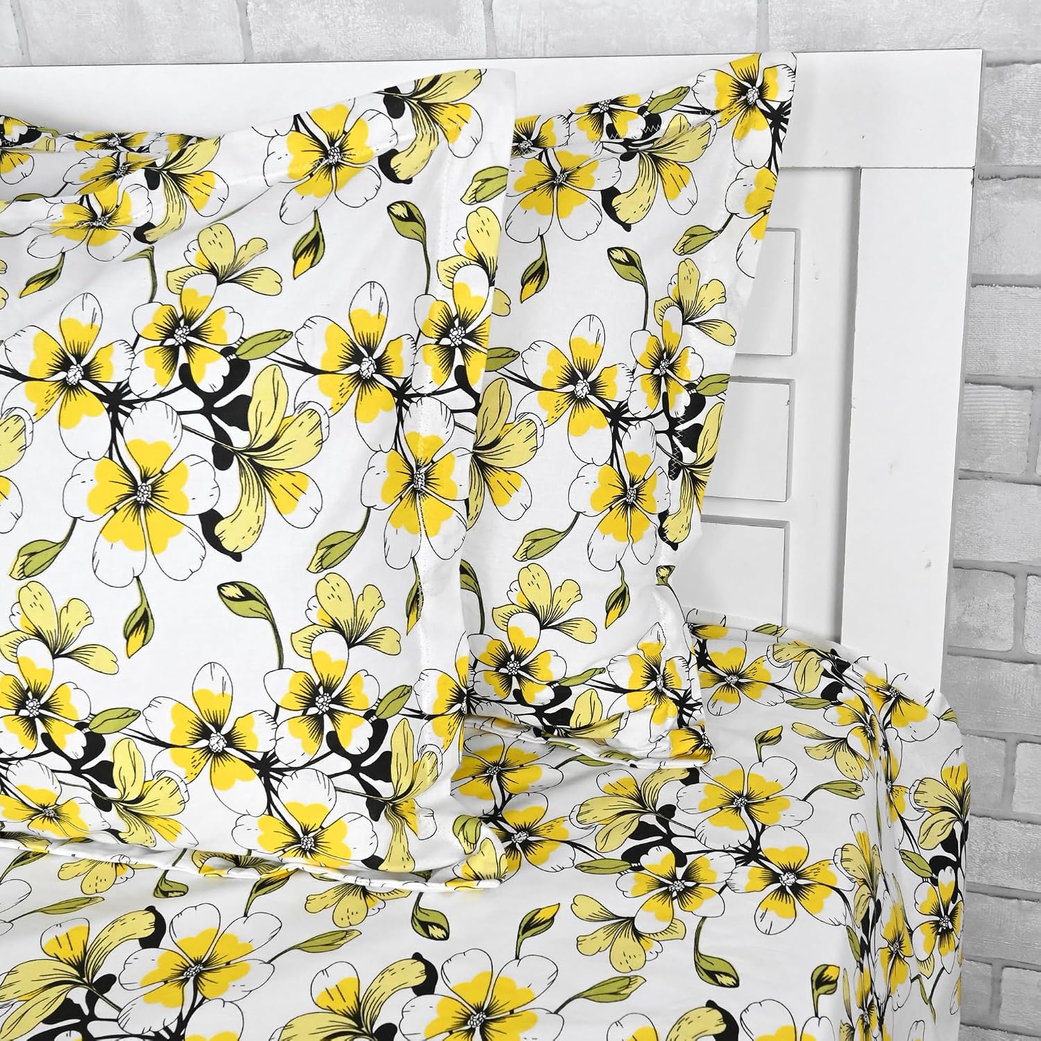 Cotton Extra Double Bedsheet For King Size With 2 Pillow Covers | 108 X 108 Inches, Yellow & White - Ideal For Home, Guest House, Hotel | Soft & Breathable Fabric