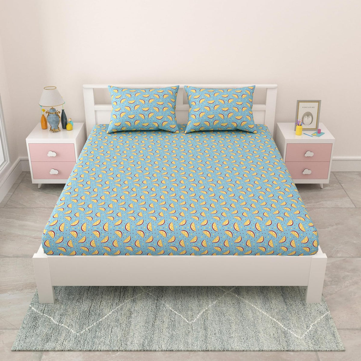 Pure Cotton Kids Bedsheet Double Bed Queen Size With 2 Pillow Covers | 90 X 100 Inches, Sky Blue | Fun Cartoon Theme, Soft & Breathable Fabric