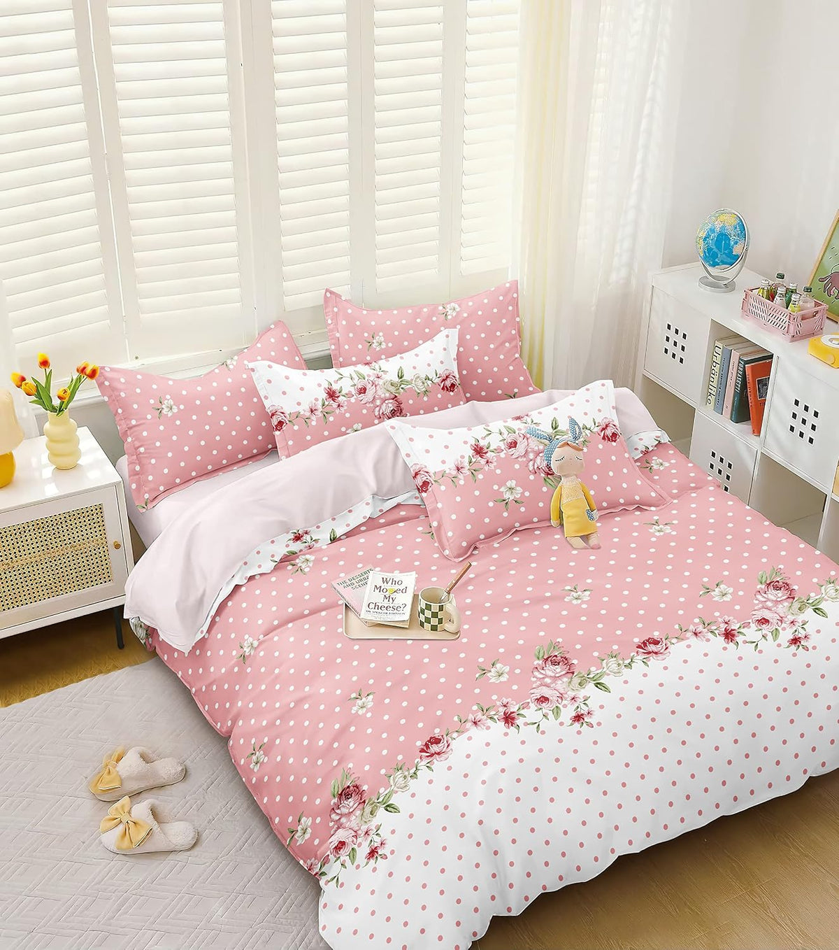 Printed King Size Double Bedsheet With 2 Large Pillow Cover - Size 72 X 78 X 10 Inches, White & Pink | Cotton Elastic Fitted All Around Bedsheet - Breathable & Wrinkle Free