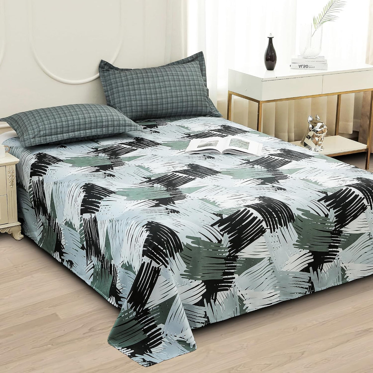 Bedsheets For Double Bed With 2 Pillow Cover - 92 X 98 Inches, Army Green & Grey | Satin Finish Microfiber Queen Size Bedsheet | Skin Friendly & Breathable Fabric