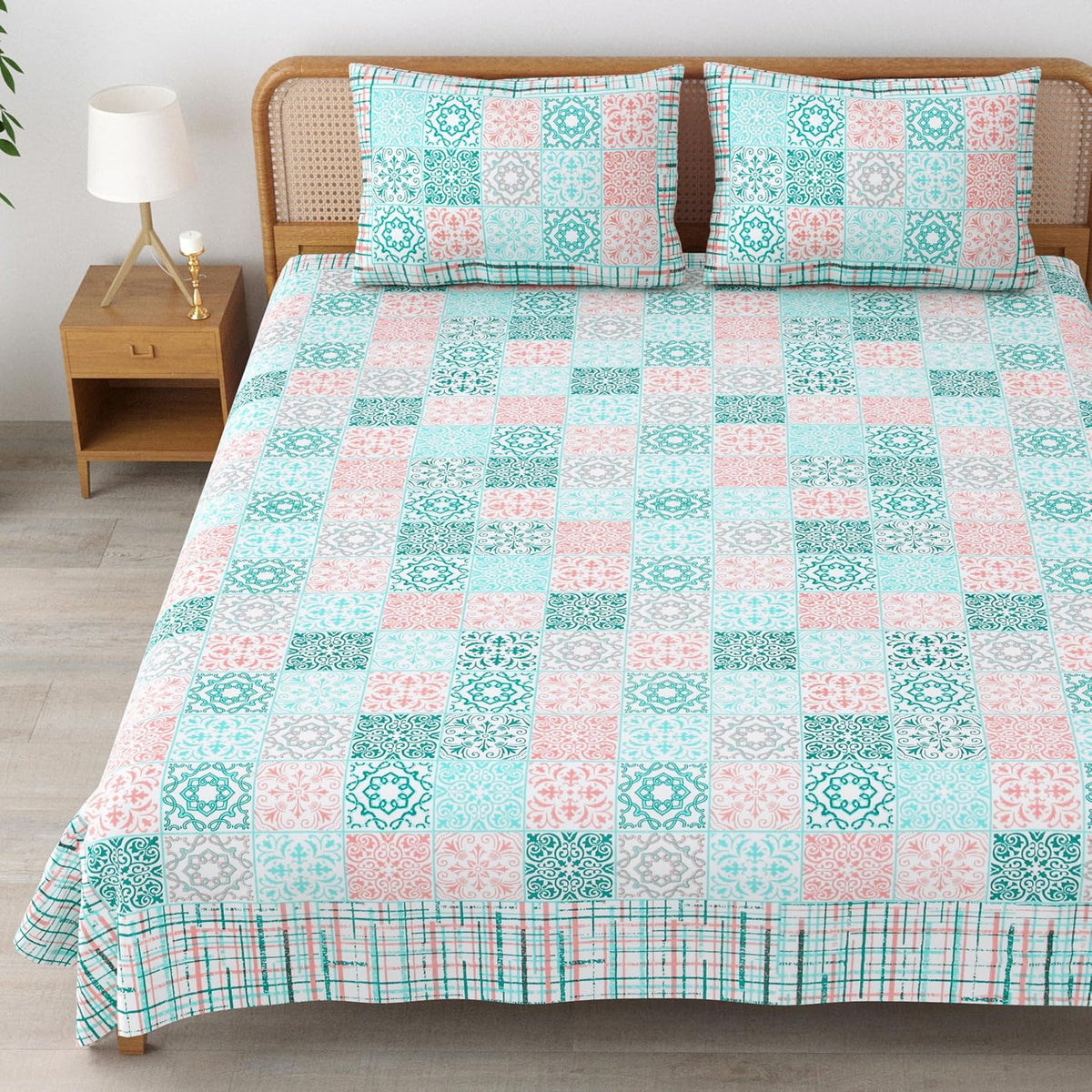Sanskriti Bedsheet For Double Bed King Size With 2 Pillow Cover - 90 X 108 Inches, Green & Pink | Soft, Durable & Stylish | Breathable & Skin-Friendly