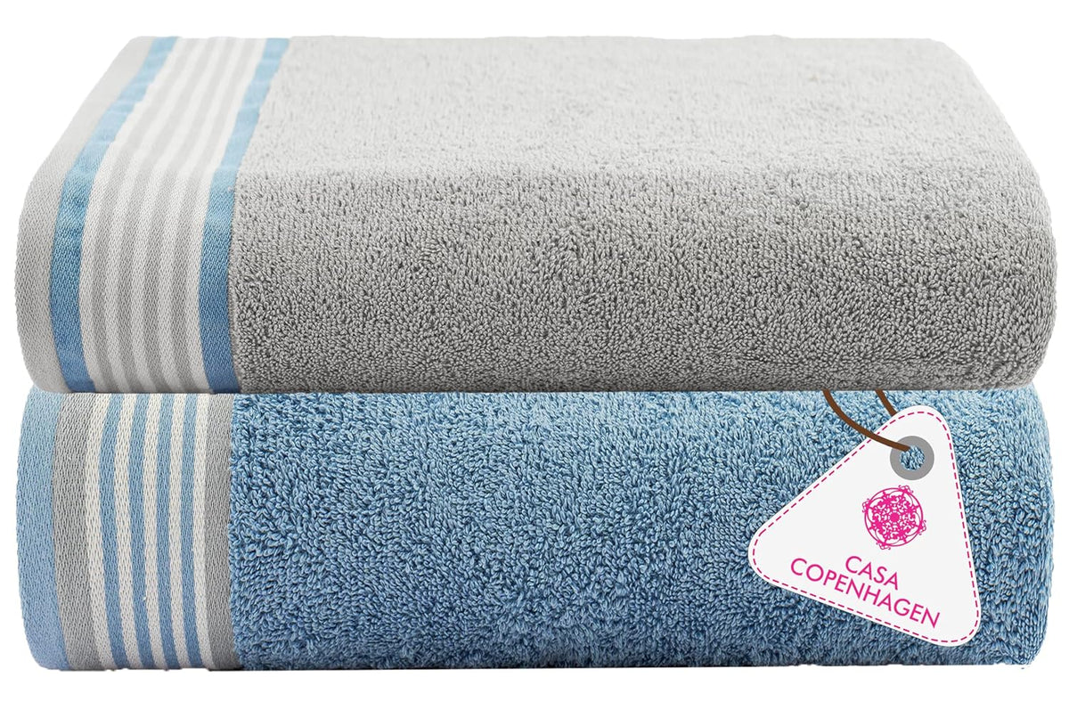 Casa Copenhagen, Germany Design He & She Super Soft Collection 100% Cotton 2 Pieces Large Bath Towel - Grey Violet & Dusty Blue