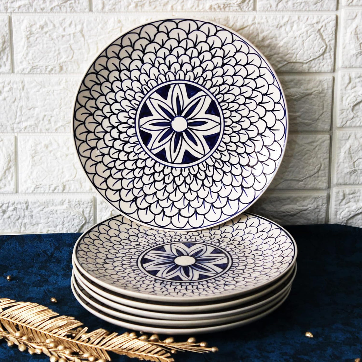 Mermaid Tales Ceramic Dinner Plates Set Of 6 - 10 Inches, 6 Pieces, Blue & White | Hand Painted Full Ceramic Plates For Dinner - Microwave Safe & Dishwasher Safe