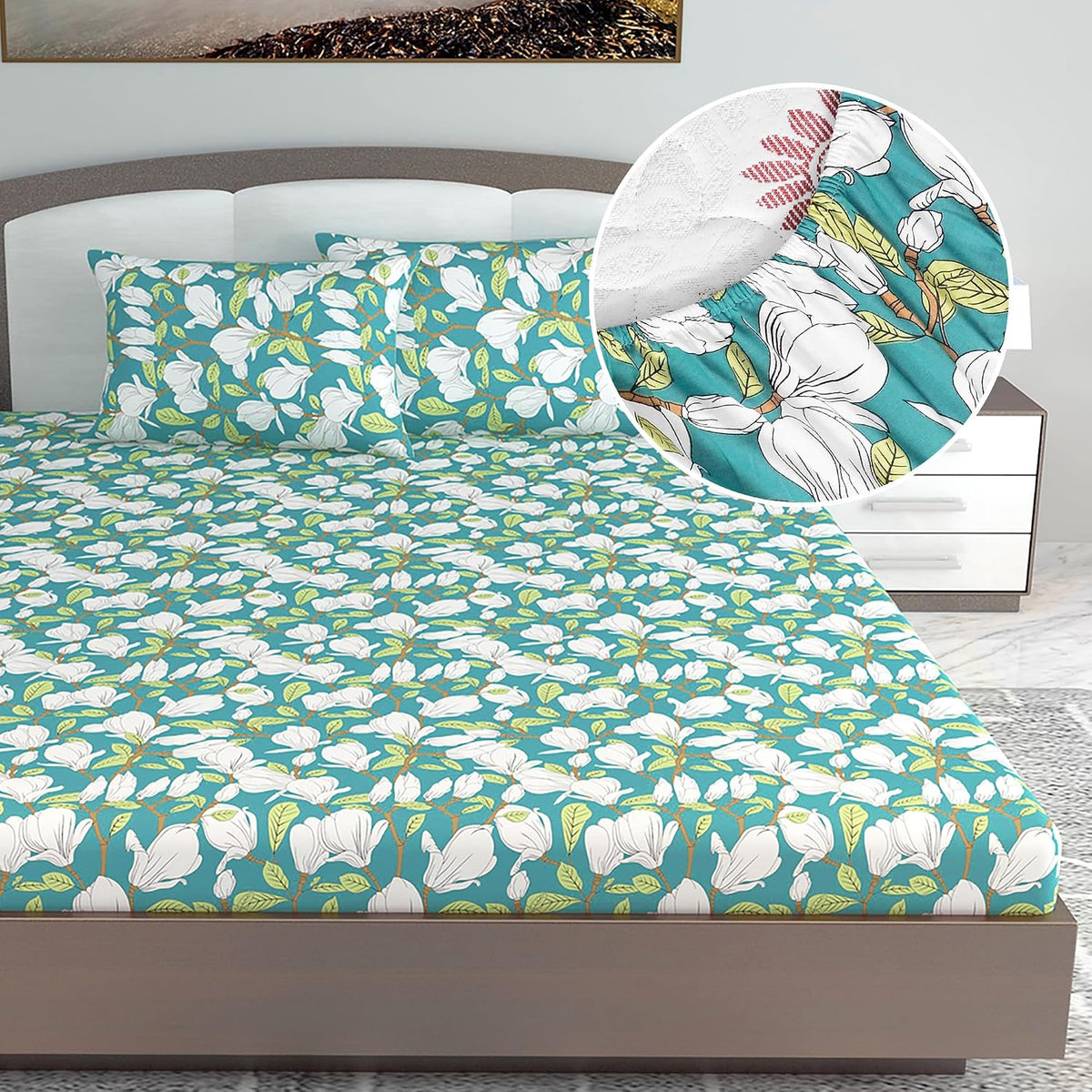 Printed King Size Double Bedsheet With 2 Pillow Cover For Bedroom | 72 X 78 Inches, Aruba Green - All Around Elastic Fitted | Ideal For Everyday Use