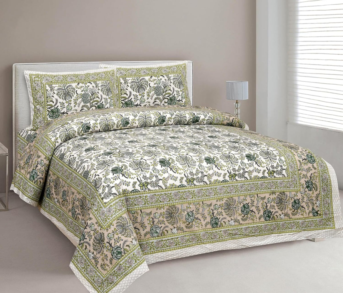 Jaipuri Bedsheet For Double Bed With 2 Pillow Covers - 90 X 108 Inches, Beige & Green | Pure Cotton Bedsheet King Size Bed | Soft & Breathable Fabric
