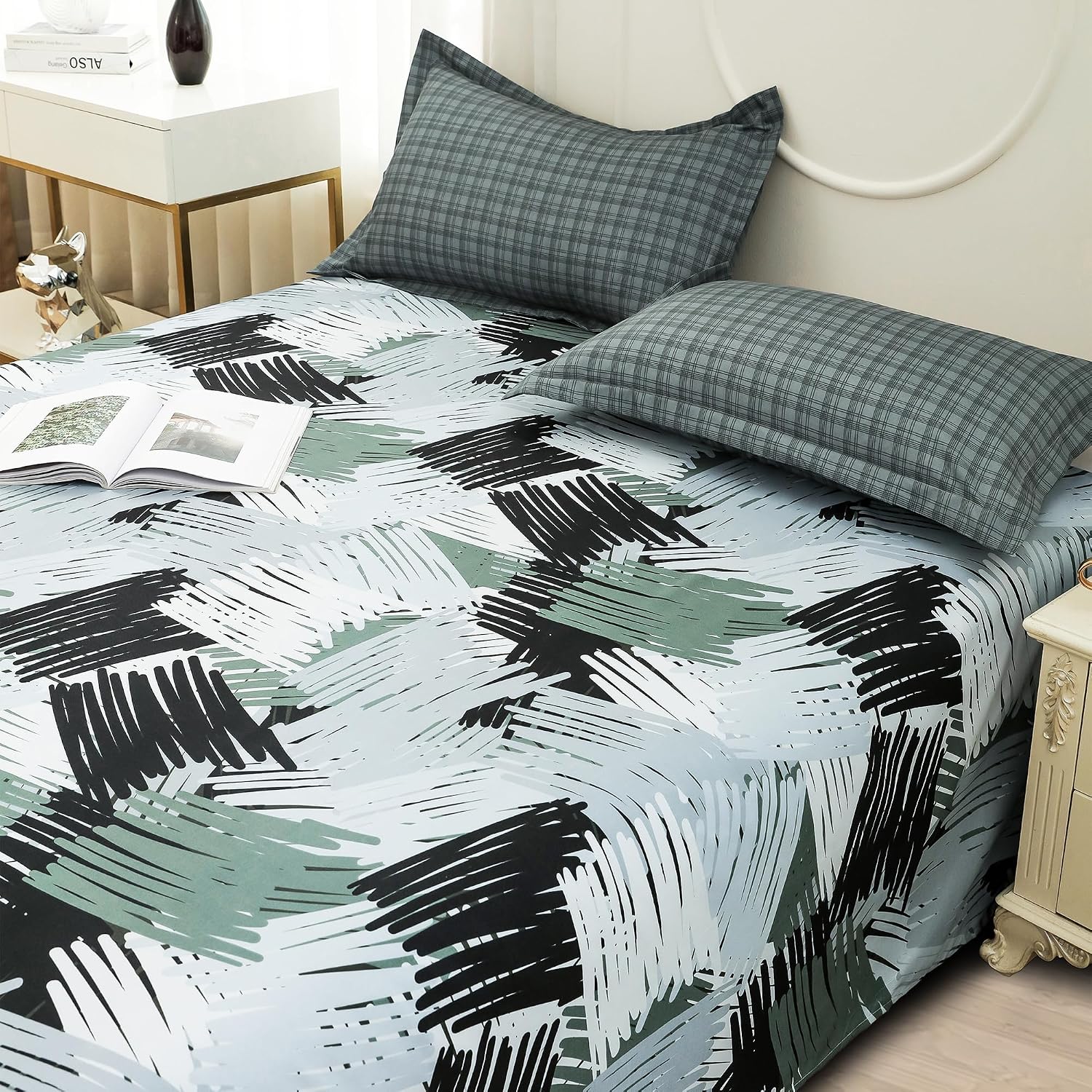 Bedsheets For Double Bed With 2 Pillow Cover - 92 X 98 Inches, Army Green & Grey | Satin Finish Microfiber Queen Size Bedsheet | Skin Friendly & Breathable Fabric
