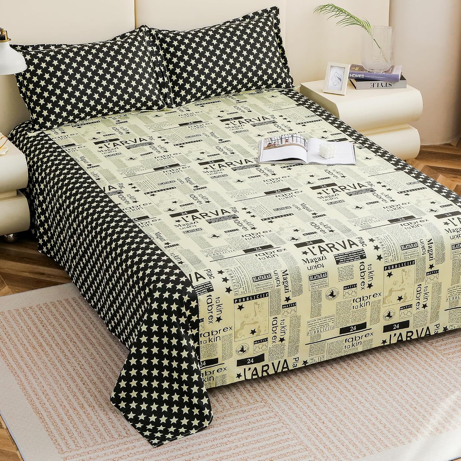 King Size Bedsheet With 2 Pillow Covers - 88 X 106 Inches, Cream & Black | Summer Breathable & Wrinkle Free | Bedsheet Long Lasting & Soft To Touch
