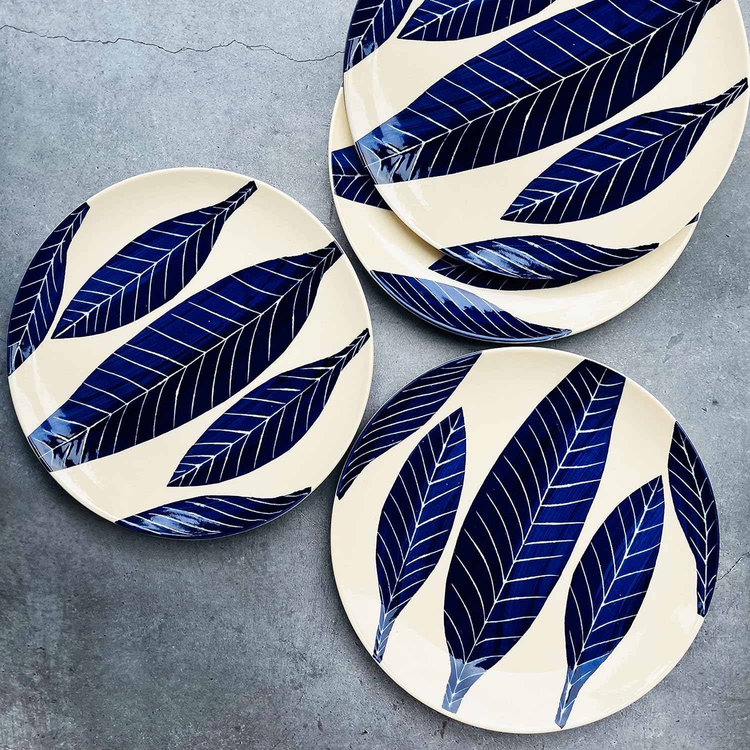 Patram Hand Painted Ceramic Dinner Set - 10 Pieces, White & Blue | 4 Dinner Plates + 4 Katori Bowls, 180ml Each+ 2 Serving Bowls, 800ml Each Dinnerware Set | Serving For 4, Microwave Safe