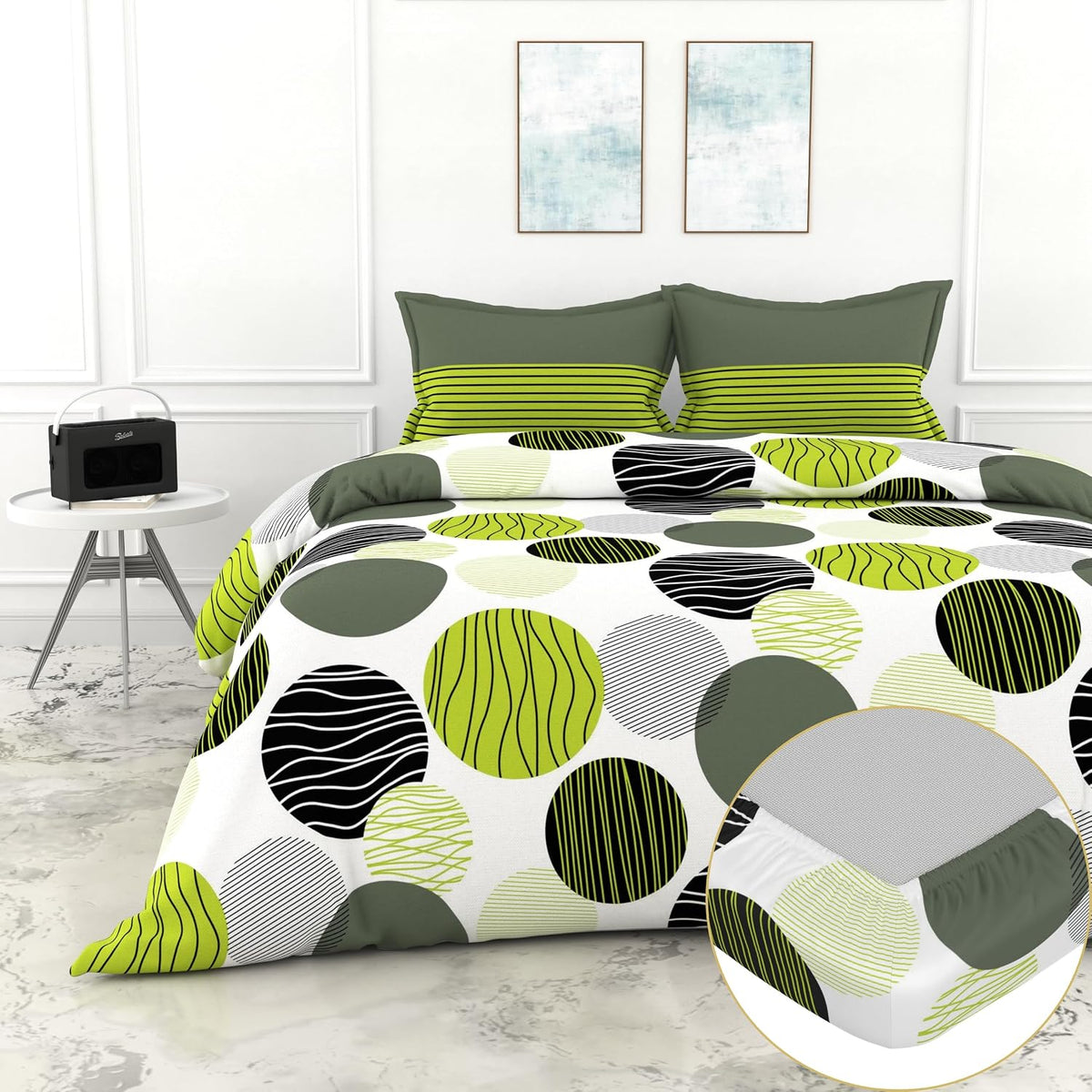 Printed Bedsheet For Double Bed 2 Pillow Cover - 60 X 78 Inches, Olive Green & Black | All Around Elastic Fitted - Ultra Soft & Breathable | Superior Softness & Breathability