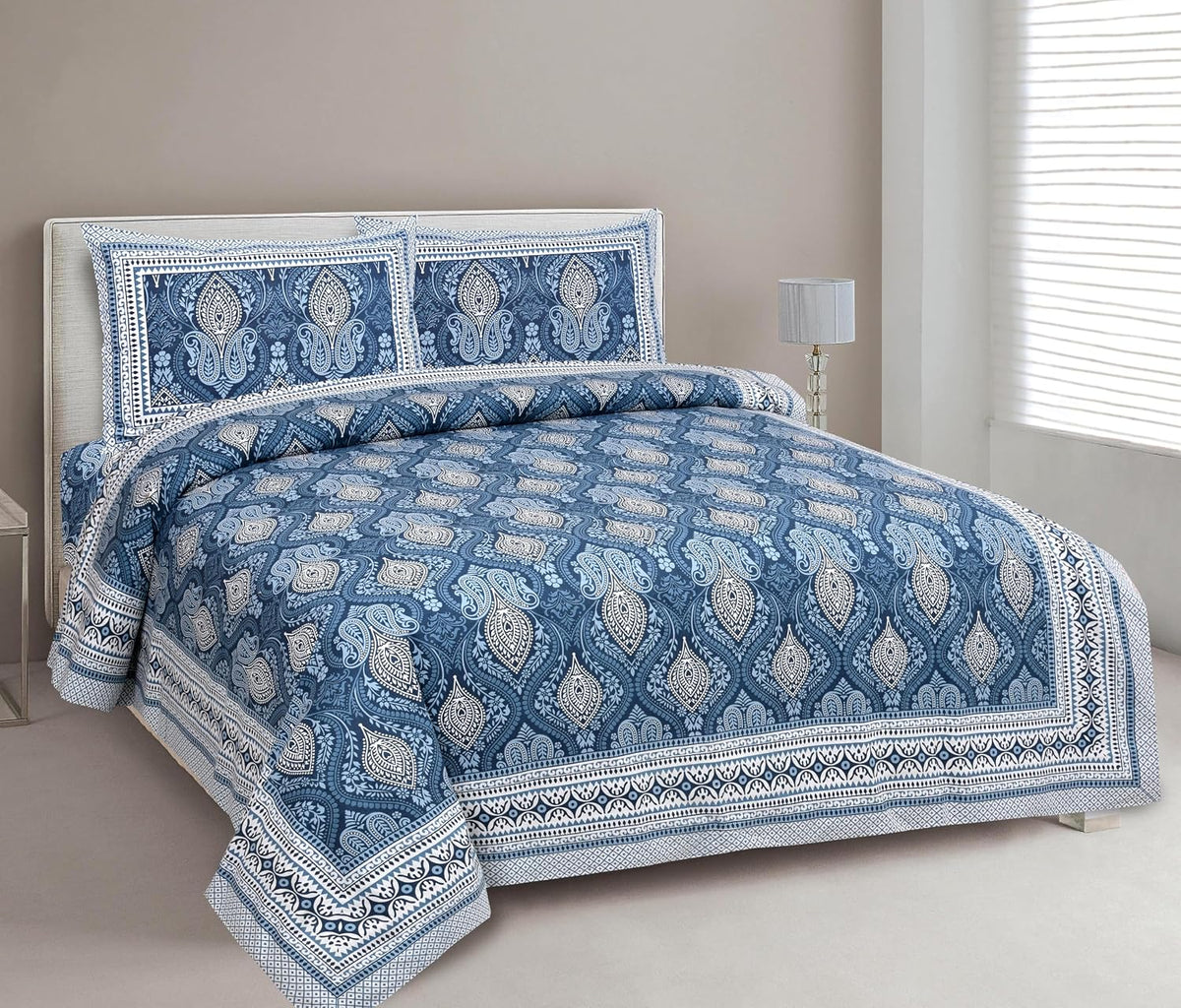 Jaipuri Cotton Double Bedsheet For Queen Size With 2 Pillow Cover (90 X 108 Inches) Dark Blue | Premium Cotton Material - Ideal For House, Hotel, Guest House