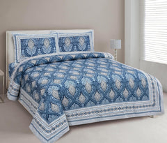 Jaipuri Cotton Double Bedsheet For Queen Size With 2 Pillow Cover (90 X 108 Inches) Dark Blue | Premium Cotton Material - Ideal For House, Hotel, Guest House