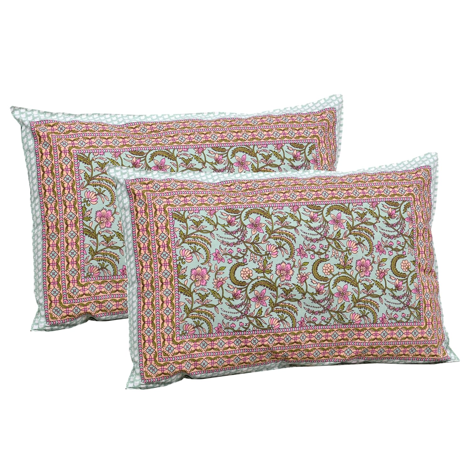 Jaipuri Cotton Double Bedsheet For Queen Size With 2 Pillow Cover (90 X 108 Inches) Green & Pink | Premium Cotton Material - Ideal For House, Hotel, Guest House