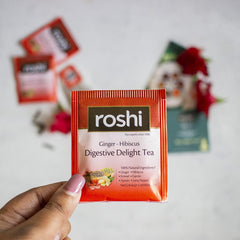 Roshi Ginger Hibiscus Digestive Delight Tea - 25 Teabags | Goodness Of Ginger, Saunf & Ajwain - Prevents Indigestion, Gas & Bloating | Caffeine Free - 100% Natural Ingredients