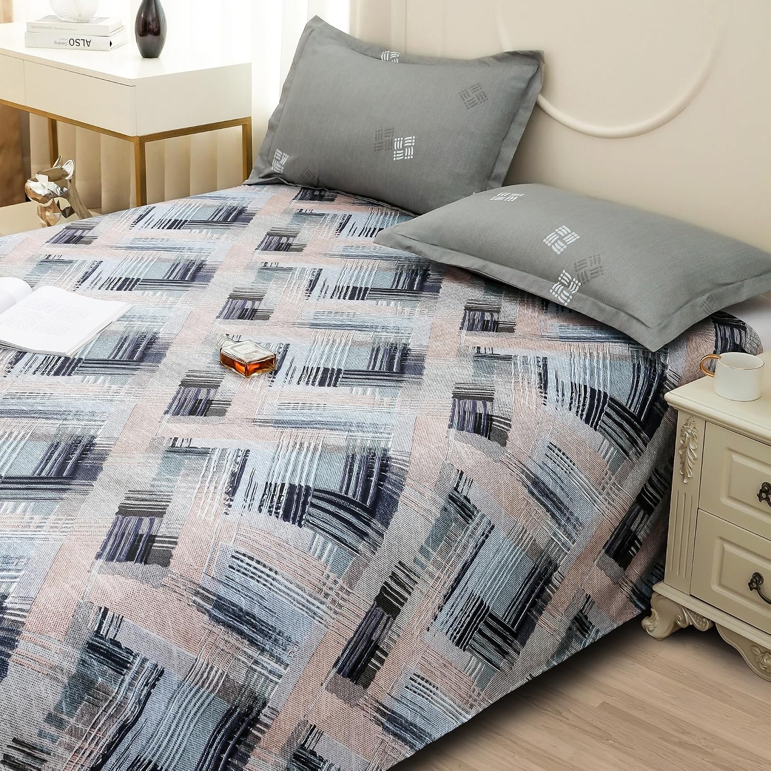 Bedsheets For Double Bed With 2 Pillow Cover - 92 X 98 Inches, Grey & Peach | Satin Finish Microfiber Queen Size Bedsheet | Skin Friendly & Breathable Fabric