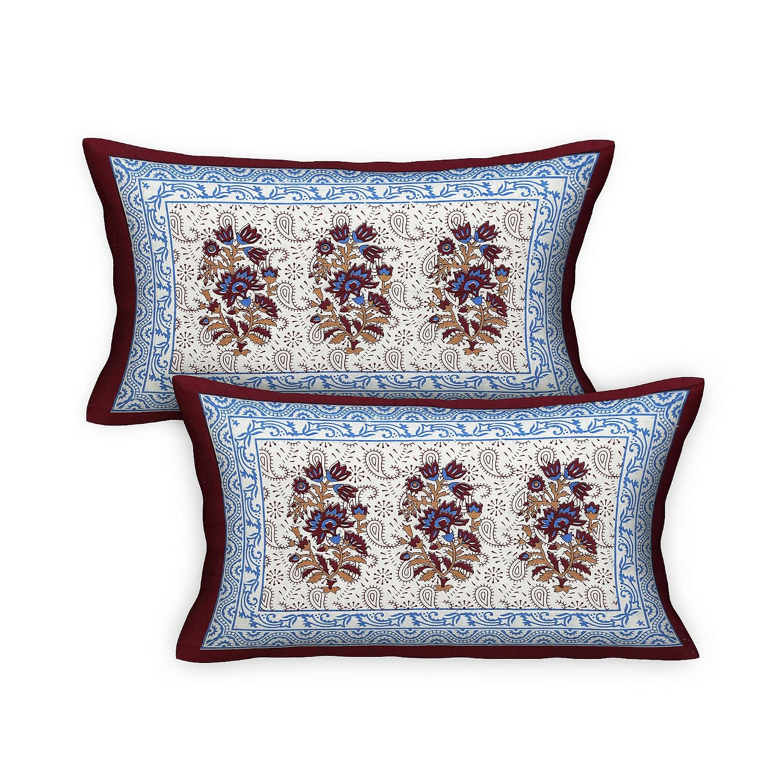 Pure 100% Cotton Double Bed Sheet With 2 Pillow Covers - 90 X 100 Inches, Blue & Maroon | Beautifully Handcrafted Traditional Bedsheets - Skin Friendly Fabric