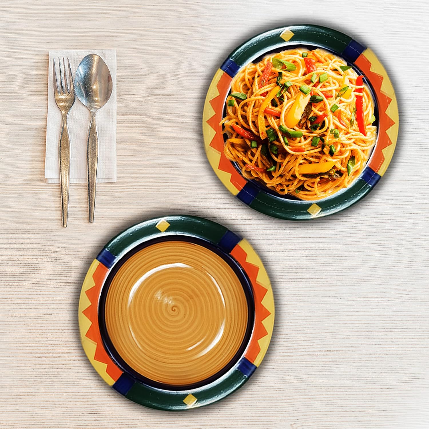 Boho Fiesta Ceramic Pasta Plates - 2 Pieces, Multicolor | Hand Painted Multi Purpose Ceramic Deep Plates, Snack Plates, Starter Plates - 9 Inch, Microwave Safe & Dishwasher Safe