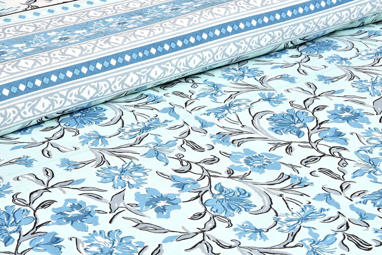 Traditional Rajasthani Design Bedsheet With 2 Pillow Covers - 90 X 108 Inches, Baby Blue & Grey | Color Fade Resistant & Shrinkage Resistant For All-Season Use