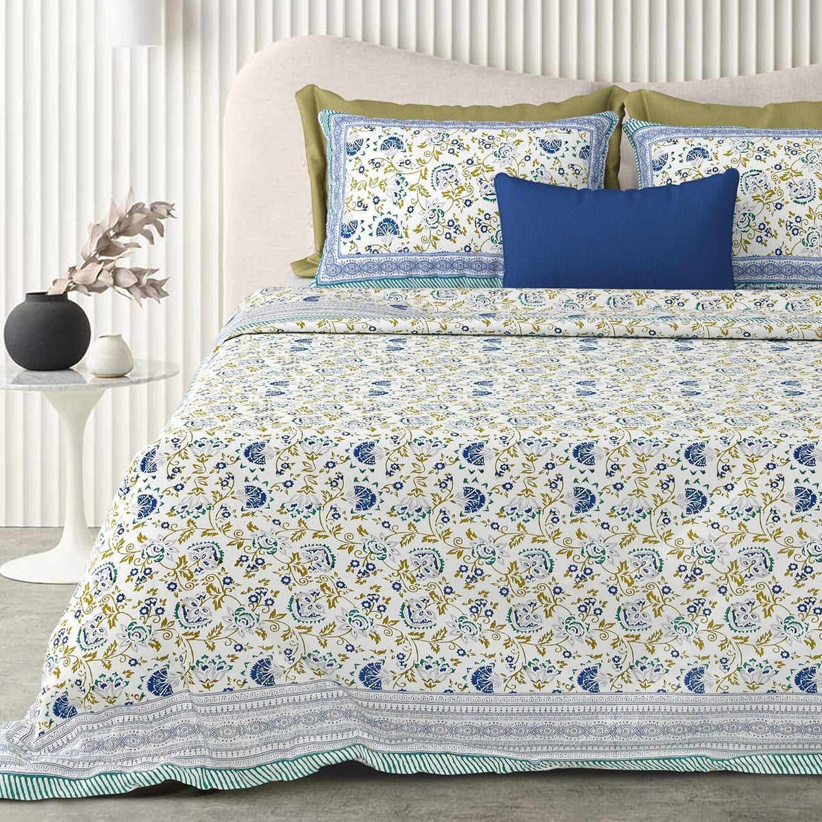 1 Queen Size Bedsheet For Double Bed With 2 Pillow Covers (90 X 108 Inches) Blue & Mustard | Floral Print Designs - Breathable 100% Cotton Bedsheet Comfortable