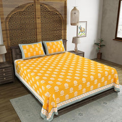Hand Block Printed Cotton King Size Bedsheet With 2 Pillow Covers, 106 X 106 Inches, Yellow | 200 Thread Count-Good For Villas, Resorts, Guest Houses, & Daily Home Use
