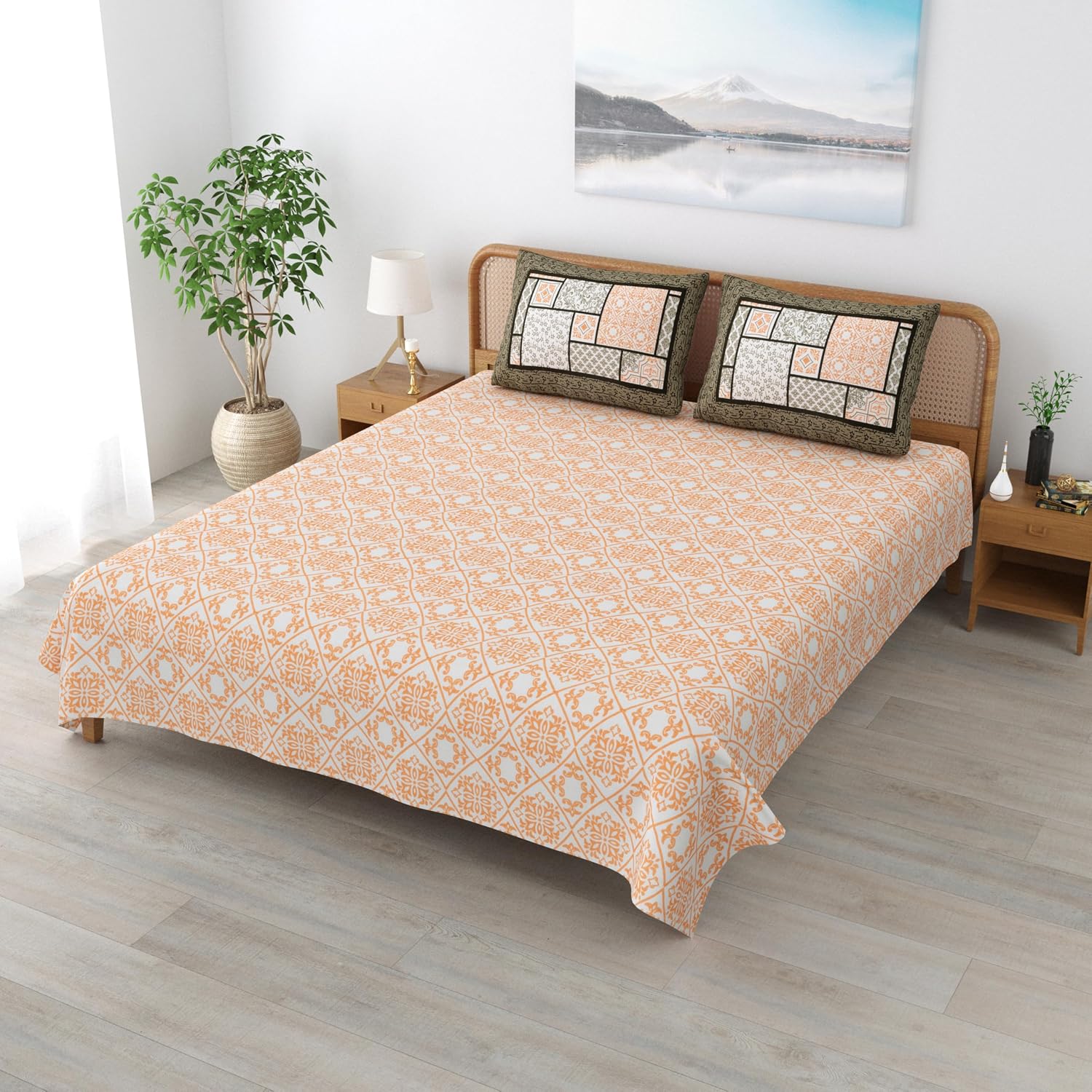Sanskriti Bedsheet For Double Bed King Size With 2 Pillow Cover - 90 X 108 Inches, Dusky Peach & White | Soft, Durable & Stylish | Breathable & Skin-Friendly