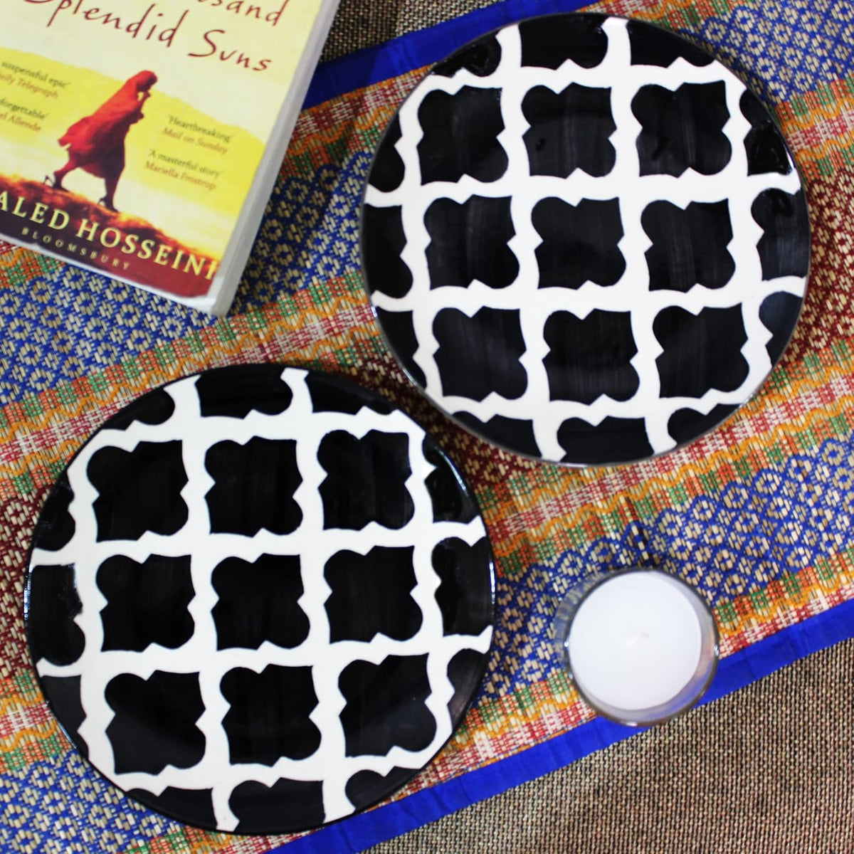 Black Moroccan Hand Painted Ceramic Quarter Plates Set Of 2 | Small Side Plates For Dinner & Snacks - 7 Inch, 2 Pieces, Microwave Safe
